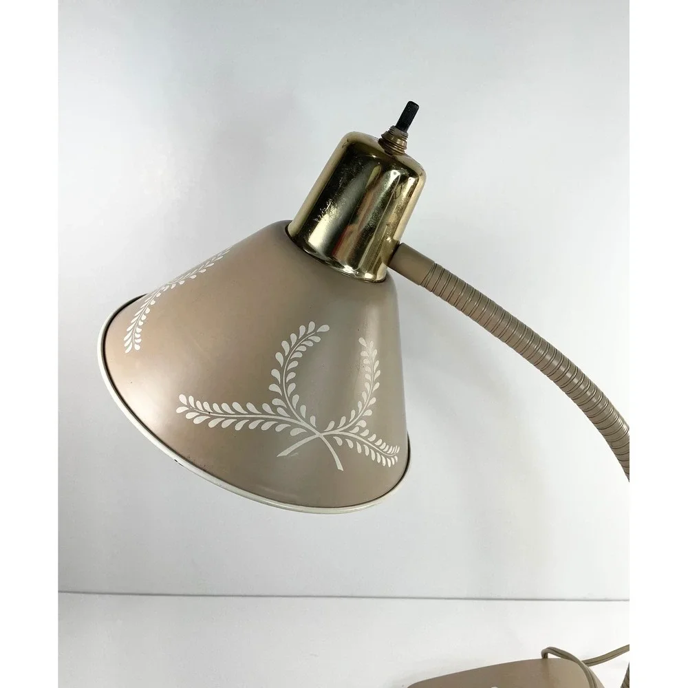 Vtg MCM Beige Goose Neck Desk Lamp Light Nightstand Lamp Cottagecore Decor